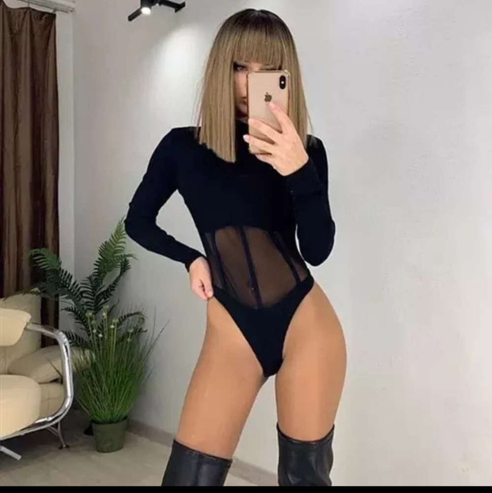 Black corset turtleneck bodysuit